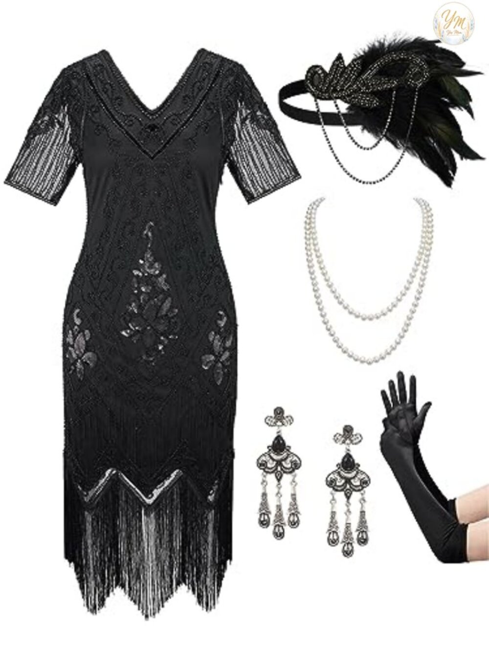 1920s Flapper Dress Set Sequin Fringe Gatsby Costume with Accessories